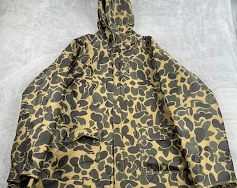 Vintage Duck Camo Rain Jacket L Brown Hood Academy Broadway Wetha Guard Puffer