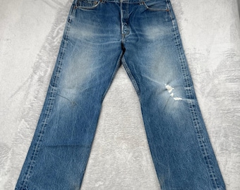 VTG Y2K Levis 501 Original Blue Straight Leg Button Fly Jeans 38x32 Whisker Fade