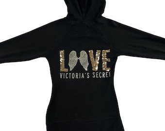 Victorias Secret Sequin Wing LOVE Full Zip Hoodie S Black Womens Y2K Fleece