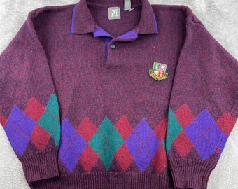 VTG Gap 100% Wool Rugby Polo Sweater L Burgundy Crest Preppy Collegiate Mens