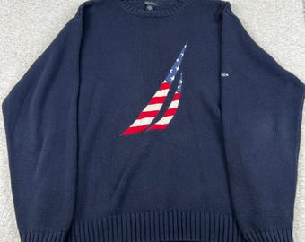 Nautica Mens XL Navy Blue Cotton Knit Sweater American Flag Sail Graphic VTG