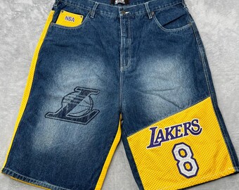 UNK Kobe Bryant Lakers Denim Shorts Size 38 Blue Yellow Mens Y2K Baggy NBA #8
