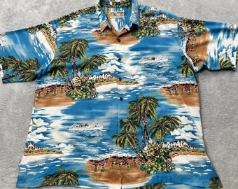 VTG Tori Richard Men 2XL Hawaiian Shirt Blue Scenic Diamond Head Viscose USA