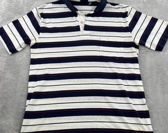 Mervyns Vintage Striped Polo Shirt M White Navy Men USA Made 90s Preppy Pocket