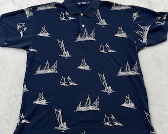 Nautica Vintage 90s Sailboat Print Polo Size L Navy Blue Mens Preppy Hong Kong