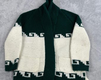 Vintage Cowichan Style Shawl Cardigan S Green Cream Men Geometric Wrap Sweater