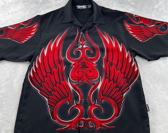 VTG AOP Dragonfly Tribal Wings Graphic Button Up L Black Y2K Streetwear Shirt