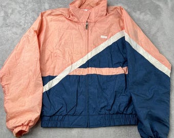 Descente Vintage Colorblock Windbreaker Size L Peach Navy Women Retro 80s Jacket