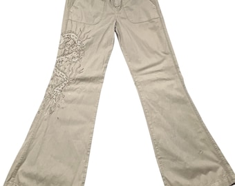 Lucky Brand Dragon Embroidered Flare Pants Size 6 28 Tan Women Y2K Khaki Chinos
