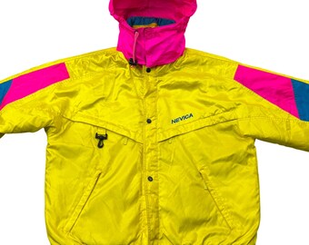 Vintage 90's Nevica Neon Pink Yellow Colorblock Ski Jacket Retro Frontline MC