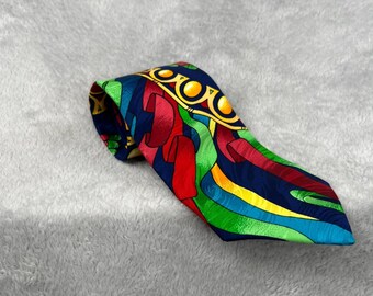 Vintage No Boundaries Abstract Silk Necktie Multicolor Retro 90s Maximalist Mens