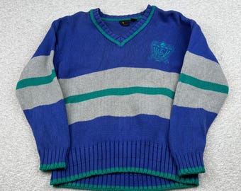 VTG LizSport Women Blue Striped V-Neck Cotton Knit Sweater Size S RN 52002