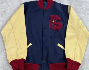 VTG Fresno State Bulldogs Varsity Jacket 52 Navy Blue Leather Wool Men Classic