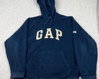 Vtg Gap Fleece Hoodie Mens Large Navy Blue Spellout Logo 1969 Pullover Korea