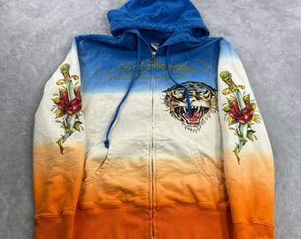Ed Hardy Sun Graphic Zip Hoodie L Orange White Men Y2K Christian Audigier Street