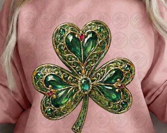 Trébol con joyas PNG, diseño de sublimación del Día de San Patricio, trébol verde esmeralda, piedra preciosa dorada 3D, PNG del Día de San Patricio, descarga digital