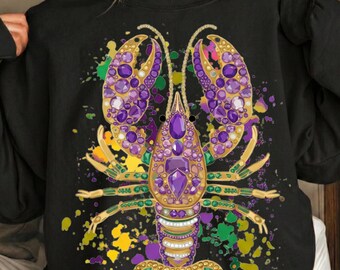 Cangrejo de río Mardi Gras PNG - Diseño de sublimación de langosta con joyas, Carnaval de Nueva Orleans PNG, Martes de Carnaval, Arte con salpicaduras de pintura, Morado, Verde y Dorado