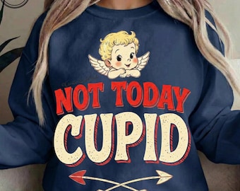 Cupido "Hoy no" PNG, Sublimación anti-San Valentín, Sudadera con capucha y sarcasmo para solteros, Equipo retro genial para el Día de Galentines, DTF Dark