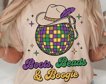 Vaquera Disco Mardi Gras PNG 2026, Sublimación de botas, cuentas y boogie, Camiseta Western Fat Tuesday, Bola de discoteca retro, Diseño de desfile campestre de Nueva Orleans