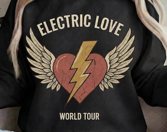 Amor eléctrico PNG, sublimación de San Valentín de rock and roll, corazón retro vintage, rayo, diseño rockero vanguardista, camiseta de banda Grunge Love DTF