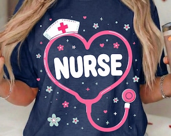 Enfermera San Valentín PNG, Diseño de camiseta de enfermera retro con estilo, Corazón de estetoscopio rosa, Enfermera neón DTF, Regalo para personal médico, Sublimación de enfermeras, Scrub Life