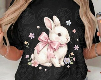 Conejito de Pascua coqueto PNG, conejo de acuarela con lazo rosa, sublimación de Pascua femenina, camiseta de primavera de moda, descarga de transferencia DTF