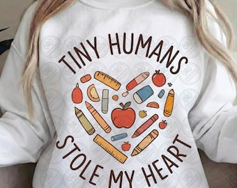 Pequeños humanos me robaron el corazón PNG, sudadera con camiseta para maestra de preescolar, sublimación para educadora de preescolar, regalo de guardería para San Valentín, DTF retro con estilo