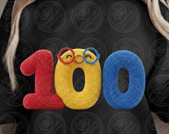 100 días de clases PNG, crochet falso 100, lindos números tejidos en 3D, camiseta de colores primarios para profesor/a y alumno/a, amigurumi sublimado DTF