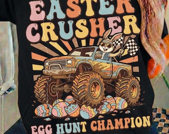 Camión monstruo niña PNG, trituradora de Pascua, sudadera con camisa de Pascua marimacho, cuadros retro, reina de la búsqueda de huevos, chica genial sublimación DTF niño pequeño