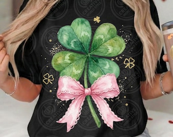 Coqueta PNG del Día de San Patricio, sublimación de trébol con lazo rosa, diseño DTF de trébol de la suerte, gráficos de camisetas irlandesas de acuarela para chicas, primavera de moda
