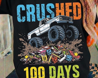 Camión monstruo PNG de 100 días de clases, sudadera aplastada para niño y niña de 100 días, sublimación de camión retro, DTF de 100 días, diseño de tela oscura