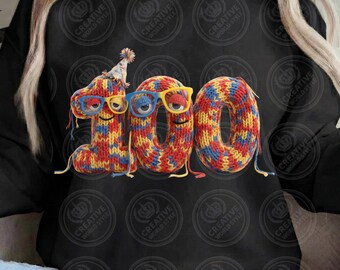 Sobreviví 100 días de escuela PNG, divertido crochet falso 100, gorro de fiesta de hilo desordenado, camiseta de 100 días para niños y niñas, amigurumi de punto 3D