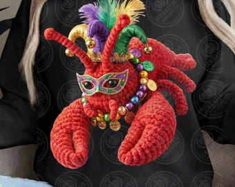 Mardi Gras PNG 2026, cangrejo de río de ganchillo falso, camiseta de Mardi Gras para niños y niñas, adorable langosta de punto 3D preppy, amigurumi DTF sublimación