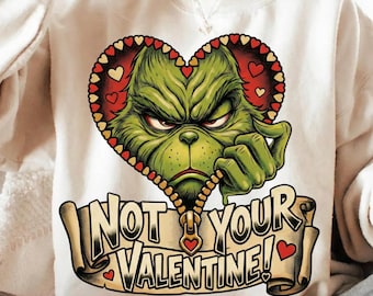 Anti San Valentín vintage, Grinch gracioso PNG, Diseño de sublimación "No es tu San Valentín", Tatuaje estilo vieja escuela, Corazón y pancarta retro, Regalo PNG