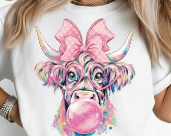 Diseño de camiseta de chicle de vaca de las Tierras Altas Coquette, PNG holográfico, diseños de sublimación para camisetas, tendencia, descarga digital instantánea