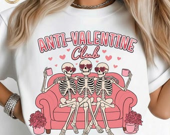 Club Anti San Valentín PNG, Sublimación de esqueleto coqueto, Galentine para chicas solteras divertidas, Calavera retro con estilo, Amor propio sarcástico, DTF, Lazo rosa