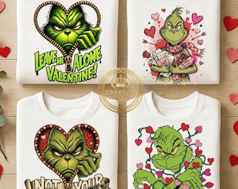 Paquete PNG Anti San Valentín / 4 diseños de Grumpy Green Guy / Sublimación y DTF / Humor sarcástico / Grinch divertido PNG / Día de San Valentín /