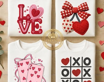 Paquete de San Valentín con bordado falso Coquette PNG / 4 diseños texturizados / Cerezas tejidas con forma de corazón, tarjetas de amor, XOXO y amor con hilo / Sublimación DTF