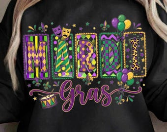 Mardi Gras PNG 2026, Sublimación de letras de bloque de leopardo, Camisa a cuadros del Martes de Carnaval, Diseño de carnaval preppy, Cuentas de máscara de NOLA de moda DTF