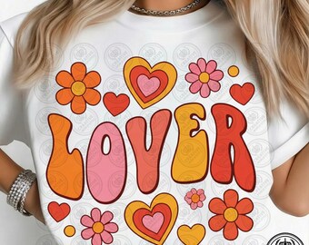 PNG de San Valentín retro, Amante moderno, Flor de corazón de los 70, Camiseta hippie de San Valentín, Diseño de margarita boho, Texto ondulado, DTF de Galentines vintage