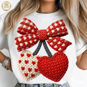 Coquette Valentine png, namaakgehaakte strik, gebreid hartlint, rood geruit gingang, 3D bladerdeegsublimatie, zacht meisjestijdperk, trendy DTF-shirt