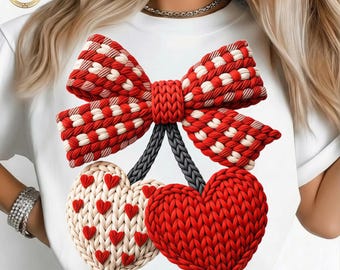 Coquette Valentine PNG, lazo de ganchillo falso, cinta de corazón de punto, cuadros rojos, sublimación 3D, Soft Girl Era, camisa DTF de moda