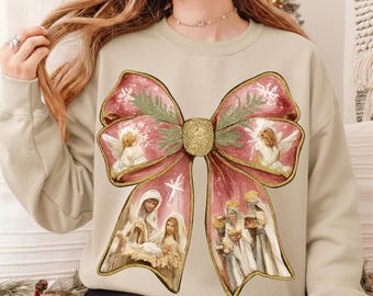 Lazo de Navidad coqueto PNG, diseño de lazo rosa, sublimación de Jesús, María y José, festividad cristiana, regalo religioso, diseño digital cristiano