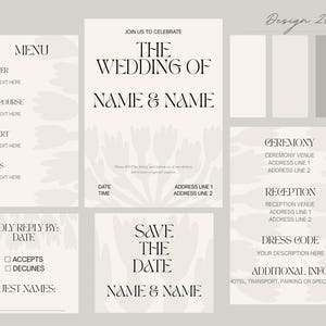 Puede incluir: Un conjunto de papelería de boda con un diseño minimalista. El conjunto incluye un menú, una invitación, una tarjeta de reserva de fecha, una tarjeta de respuesta y una tarjeta de información. El diseño presenta una paleta de colores neutros con acentos florales y tipografía elegante.