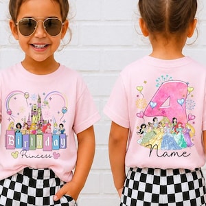 May include: A light pink t-shirt featuring a front graphic of a castle, various princesses, and the text Birthday Princess. The back graphic displays a large pink number 4, more princesses, fireworks, heart balloons, and the text Name.