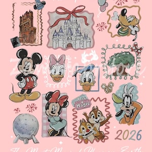 May include: Pink illustration featuring various Walt Disney World characters and landmarks, including Mickey Mouse, Minnie Mouse, and Cinderella's castle. The text "Walt Disney World" and "2026" are also present. The phrase "The Most Magical Place on Earth" is written at the bottom.