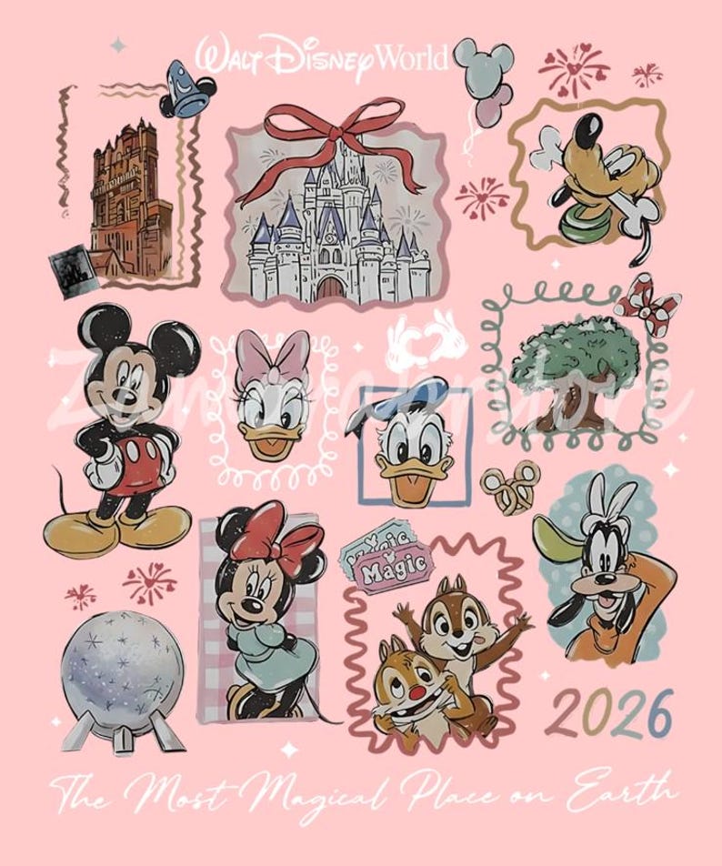 May include: Pink illustration featuring various Walt Disney World characters and landmarks, including Mickey Mouse, Minnie Mouse, and Cinderella's castle. The text "Walt Disney World" and "2026" are also present. The phrase "The Most Magical Place on Earth" is written at the bottom.