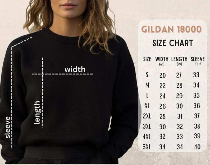 May include: A black crewneck sweatshirt shown with a Gildan 18000 size chart. The chart displays measurements in inches for width, length, and sleeve for sizes S through 5XL, with dashed lines on the sweatshirt indicating where these measurements are taken.