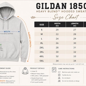 May include: A light grey hooded sweatshirt with a front pouch pocket and matching drawcord. The image includes a size chart for Gildan 18500 Heavy Blend, detailing width, length, and sleeve length in inches, along with care instructions.