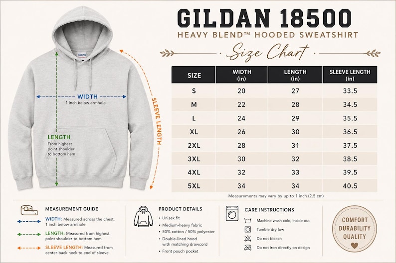 May include: A light grey hooded sweatshirt with a front pouch pocket and matching drawcord. The image includes a size chart for Gildan 18500 Heavy Blend, detailing width, length, and sleeve length in inches, along with care instructions.
